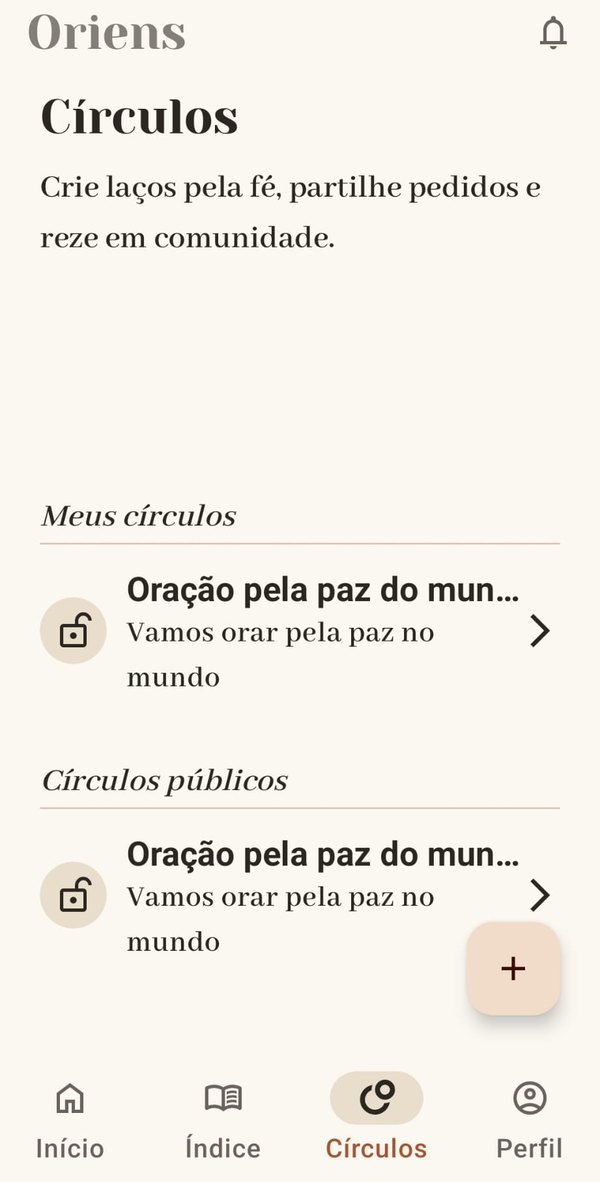 Ecrã Círculos do Oriens com os seus círculos e círculos públicos