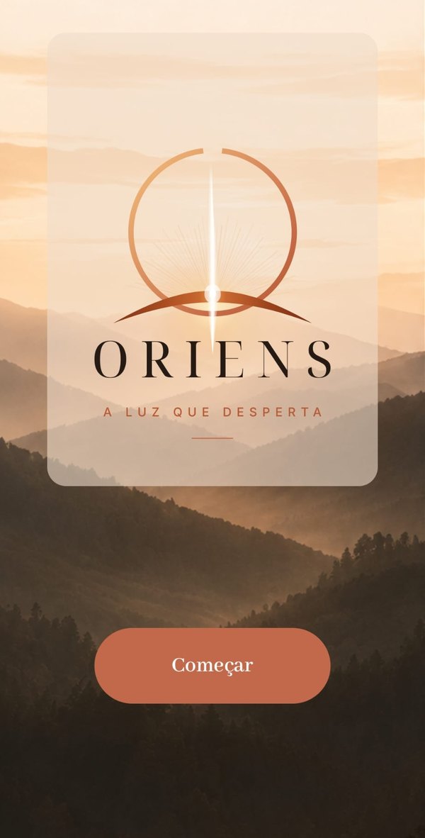 Ecrã de abertura do Oriens com o logótipo sobre montanhas ao nascer do sol
