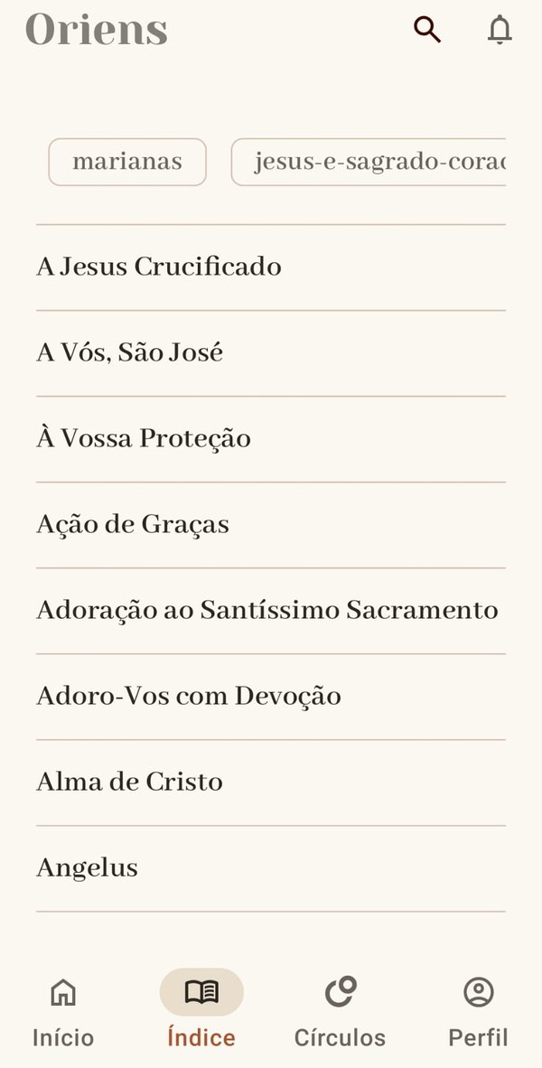 Índice de orações do Oriens com categorias e lista alfabética